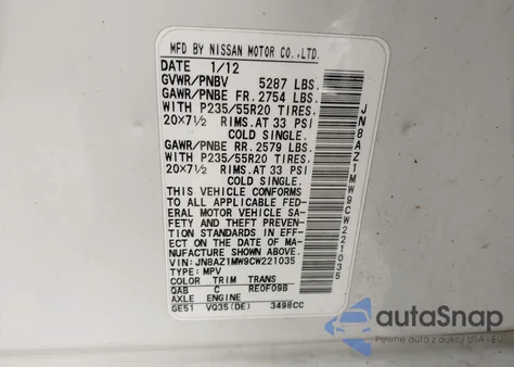 2012 Nissan Murano Le z USA, uszkodzony, nr VIN JN8AZ1MW9CW221035